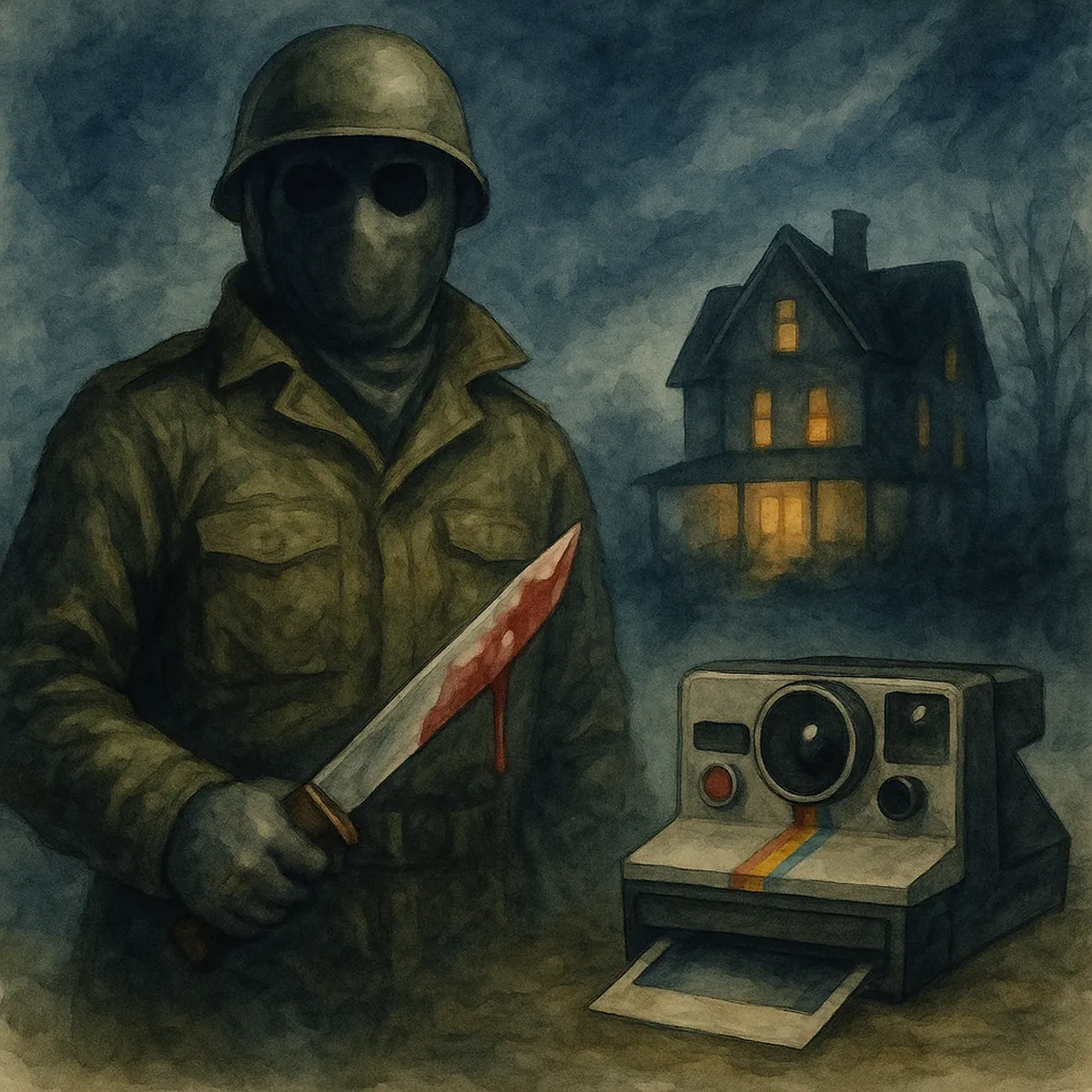 Watercolor of a masked slasher soldier with a bloody knife and Polaroid camera in front of a haunted house, evoking 1980s horror vibes.