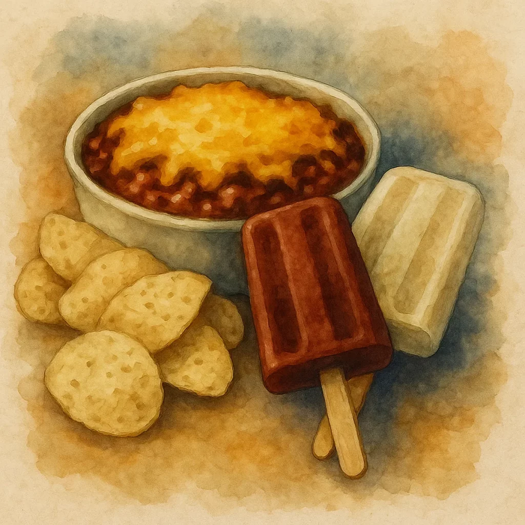 Watercolor of retro snacks—Sloppy Joe dip with melted cheese, chips, and pudding pops—styled for an ’80s slasher movie night.